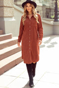Long Sleeve Button Down Corduroy Midi Length One Piece Dress
