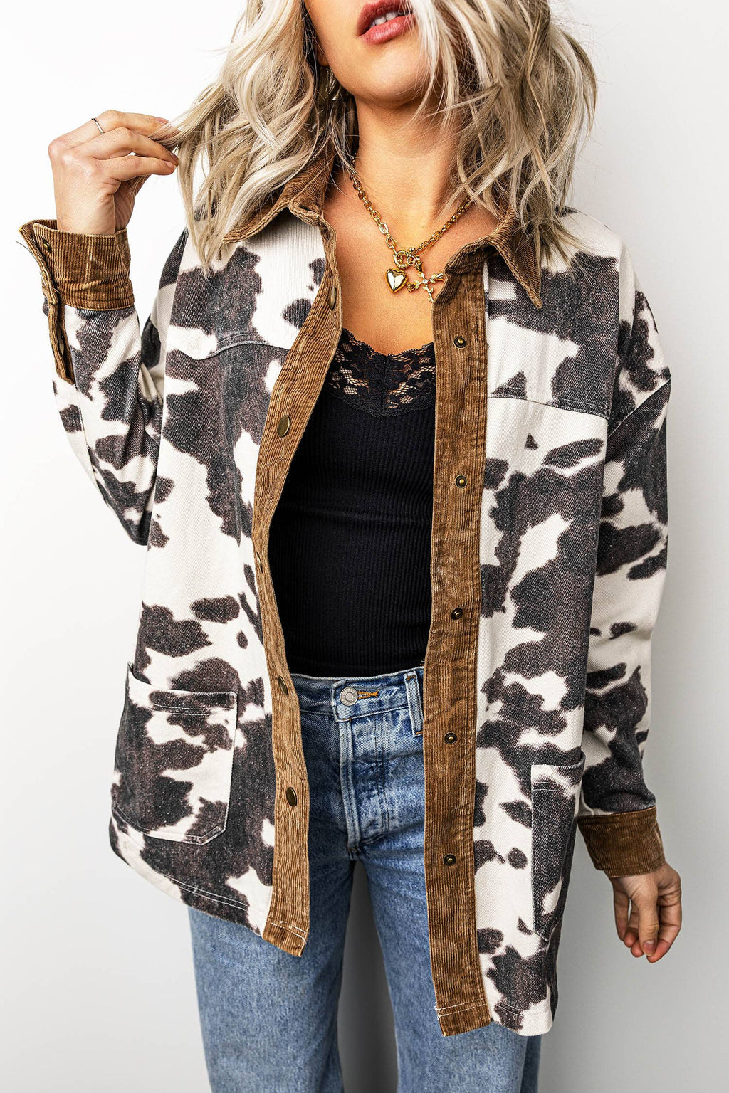 Western Cow Print Long Sleeve Button-Up Denim Jacket