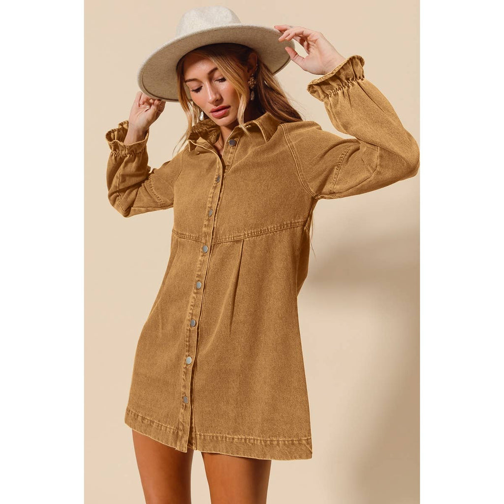 WASHED COLOR DENIM BUTTON DOWN SHIRT MINI DRESS
