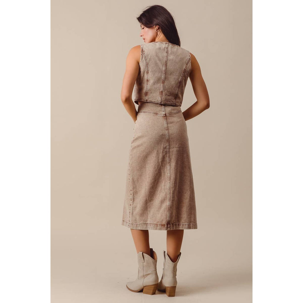WASHED COLOR DENIM SEAMED VEST AND MIDI SKIRT SET
