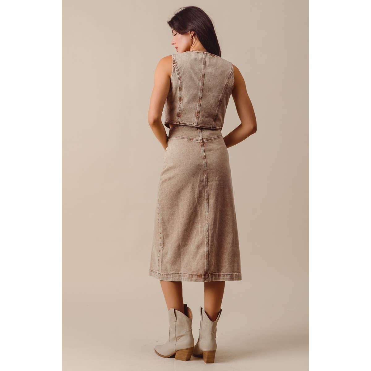 WASHED COLOR DENIM SEAMED VEST AND MIDI SKIRT SET