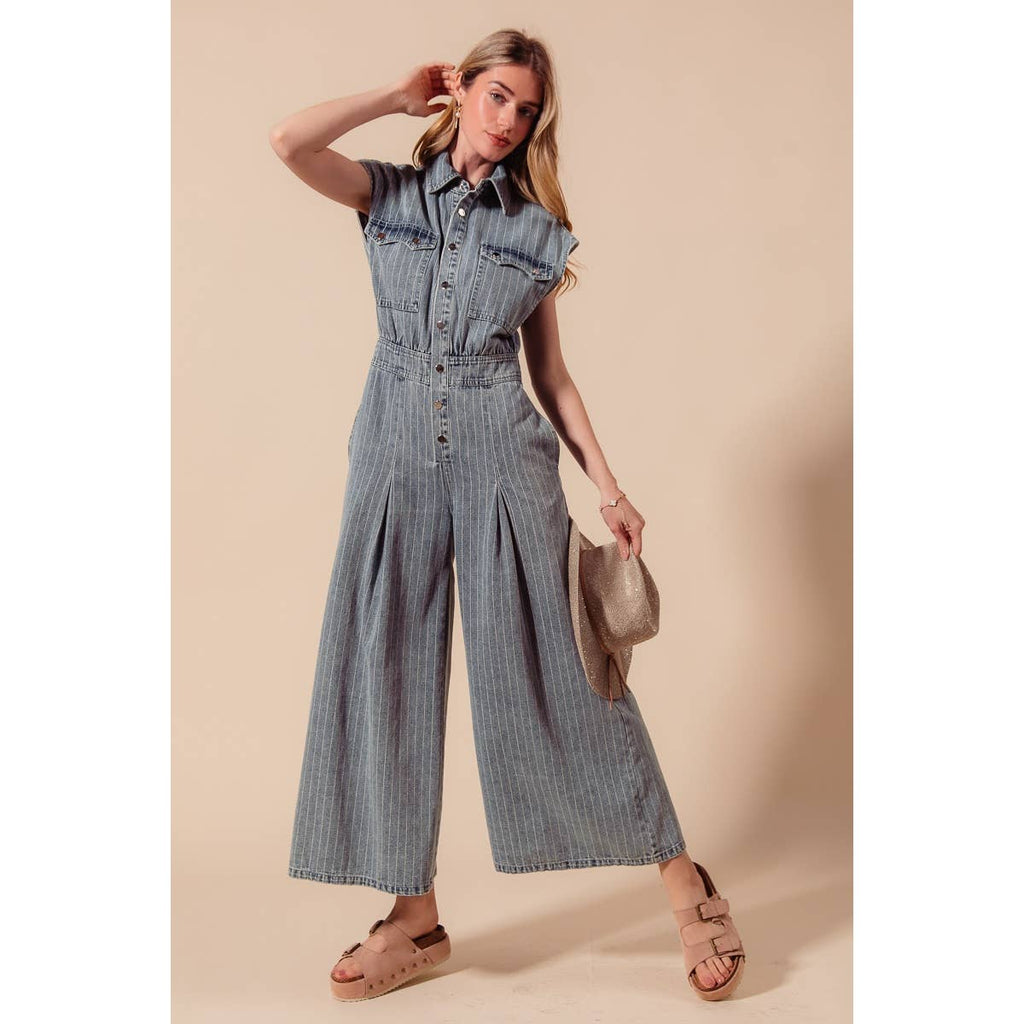 WASHED WIDE LEG PIN STRIPE DENIM OVERALLS JUMPSUIT