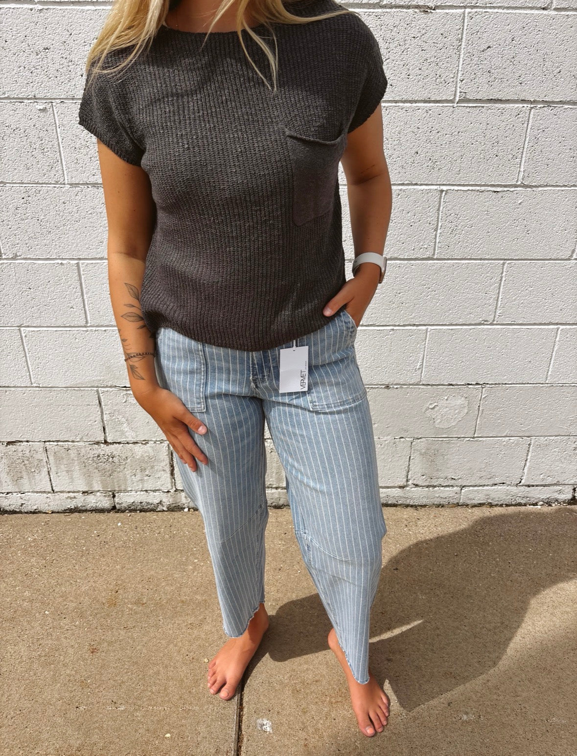 PATCH POCKET DOLMAN CAP SLEEVE BOXY KNIT