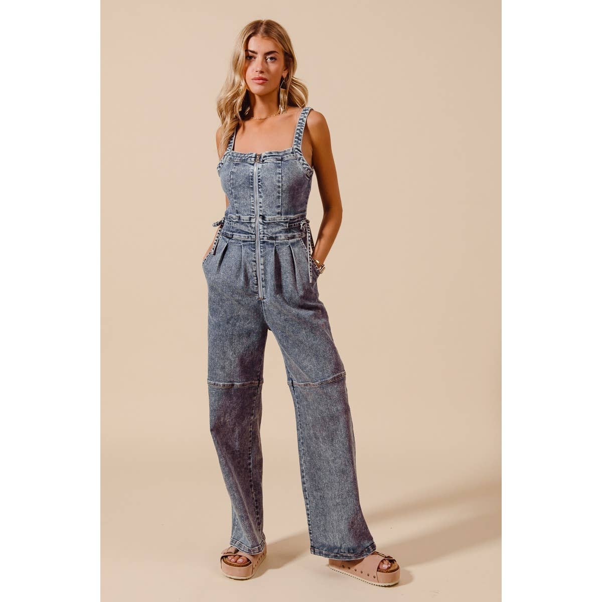BACK CUTOUT ZIP UP DENIM JUMPSUIT OVERALLS
