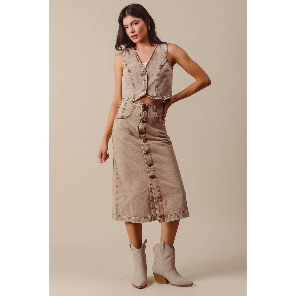 WASHED COLOR DENIM SEAMED VEST AND MIDI SKIRT SET