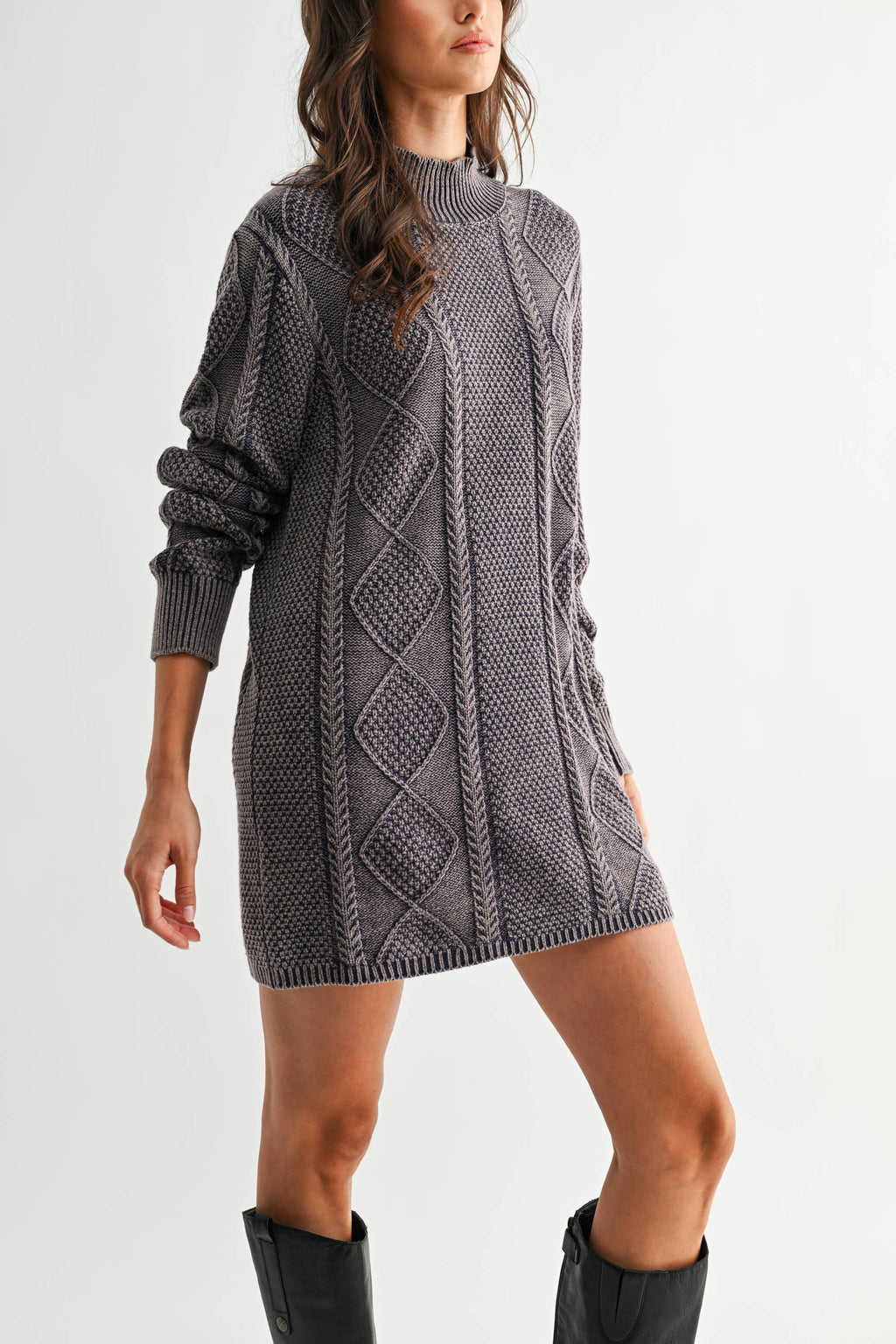 TEXTURED KNIT GARMENT WASHED SWEATER DRESS