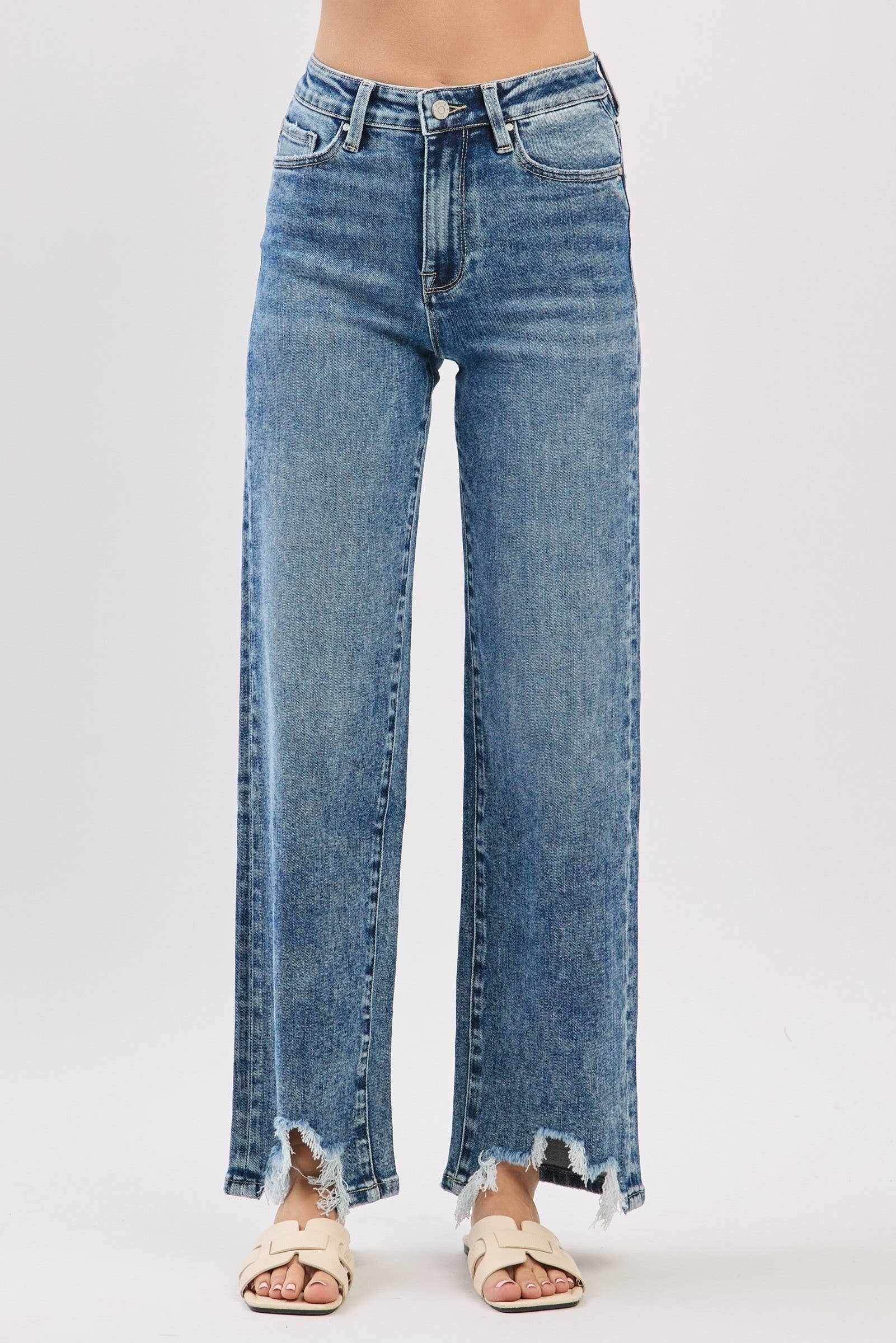 HIGH RISE SLIM WIDE LEG W/ DESTROYED HEM JEANS