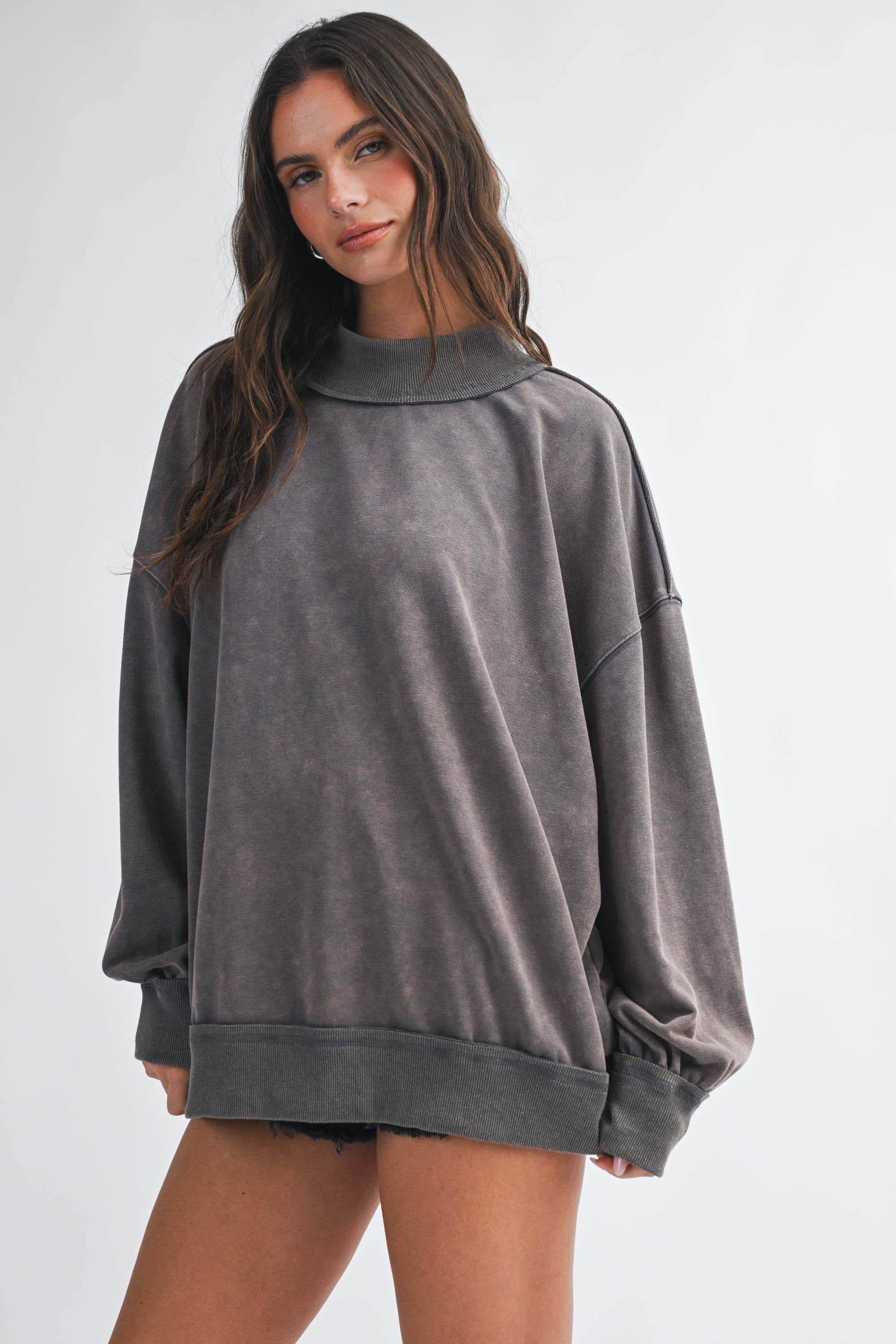 Oversized Mock Neck Washed Sweatshirt