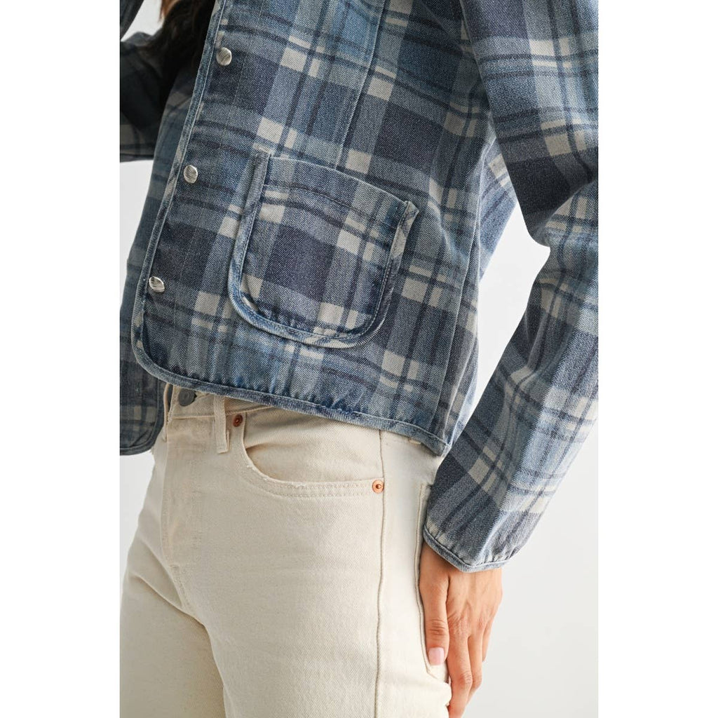 CET26255 Denim Plaid Button-Front Jacket