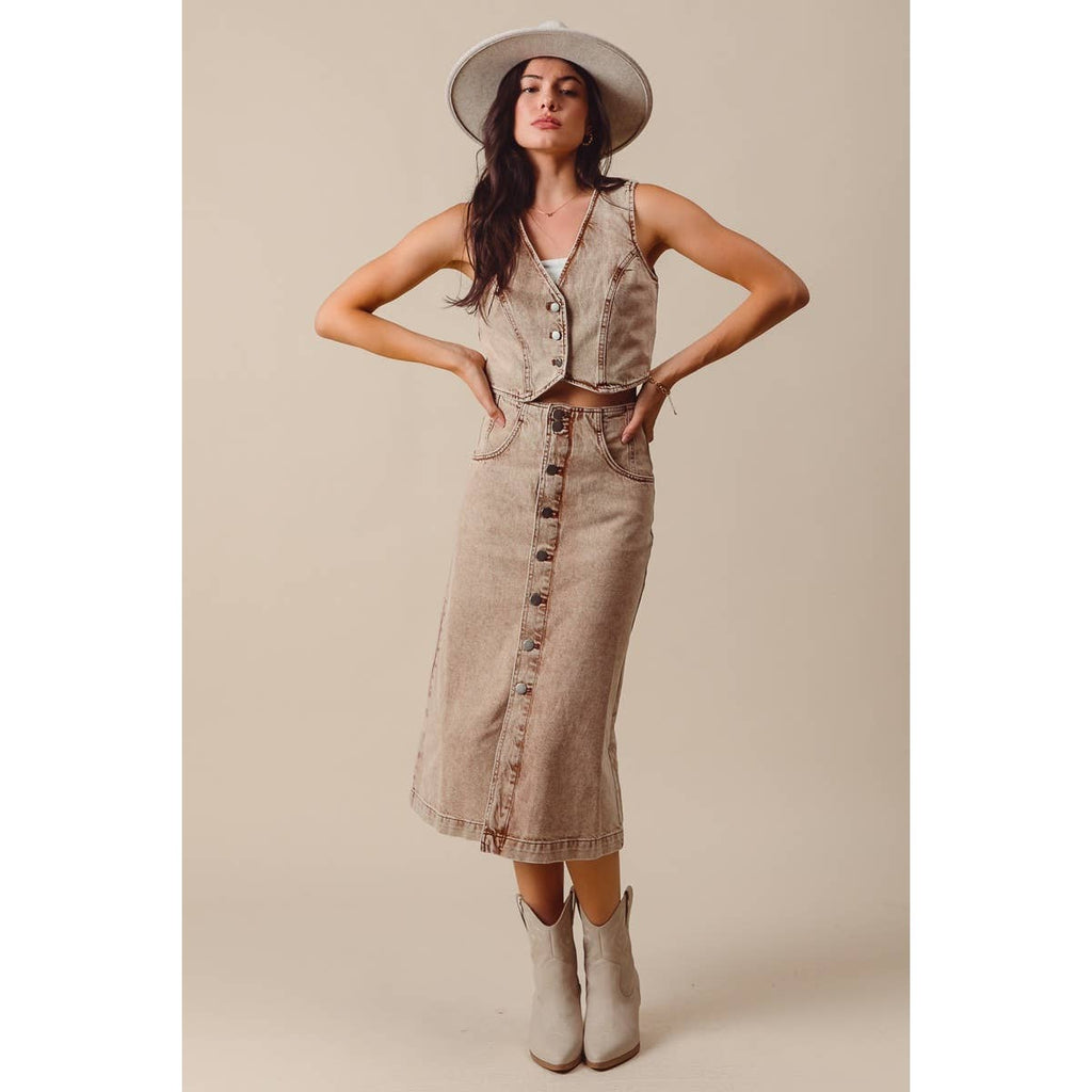 WASHED COLOR DENIM SEAMED VEST AND MIDI SKIRT SET
