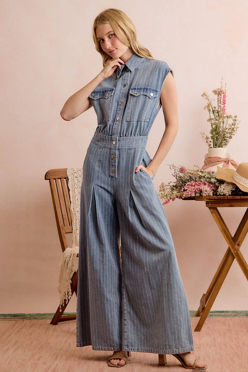 WASHED WIDE LEG PIN STRIPE DENIM OVERALLS JUMPSUIT