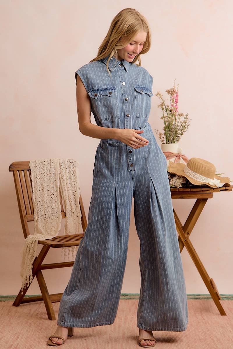 WASHED WIDE LEG PIN STRIPE DENIM OVERALLS JUMPSUIT