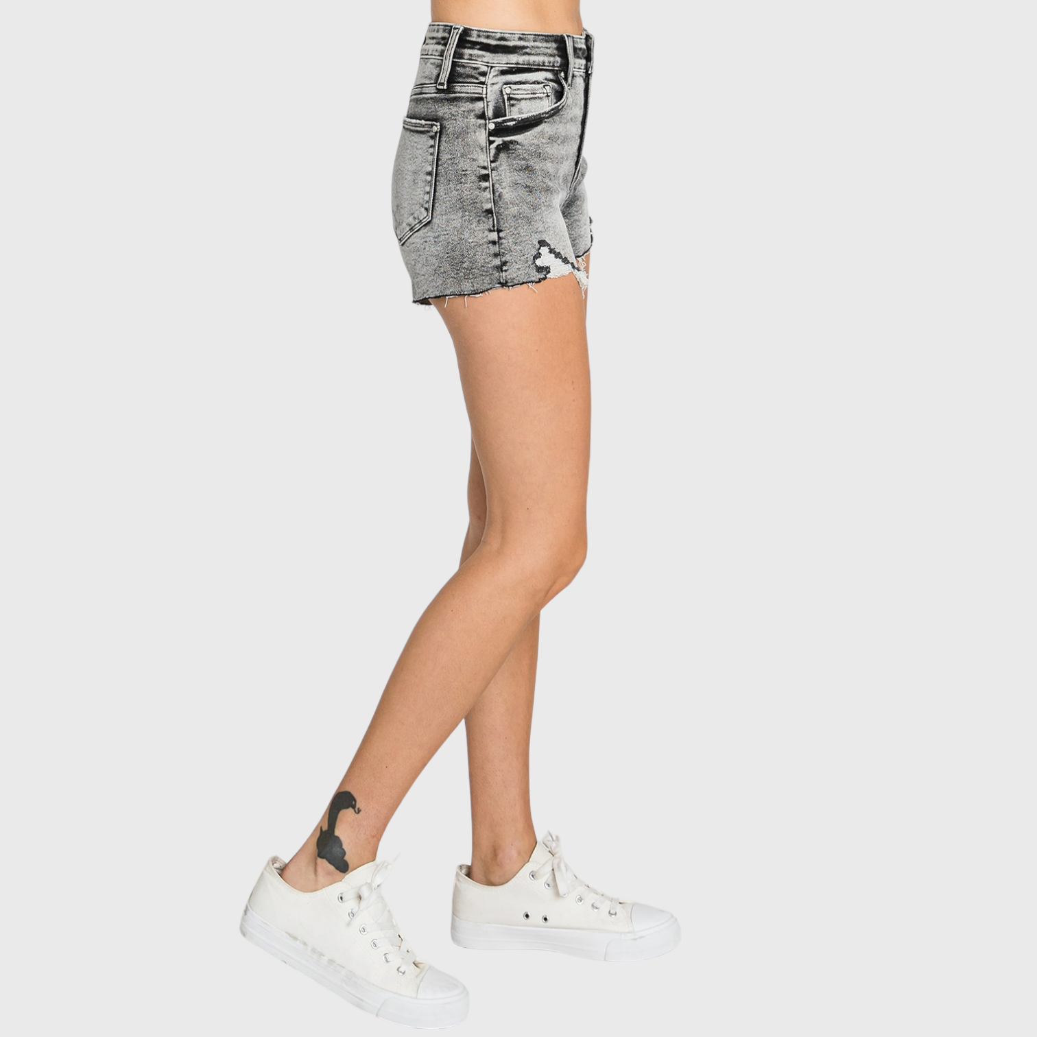 HIGH RISE GREY ACID WASH SHORTS W/ DESTROYED HEM
