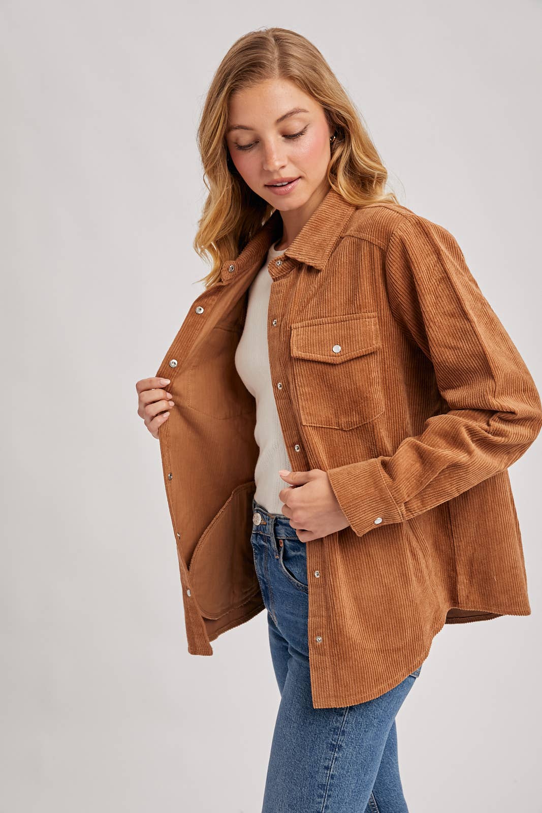 CORDUROY BUTTON DOWN SHACKET WITH POCKETS