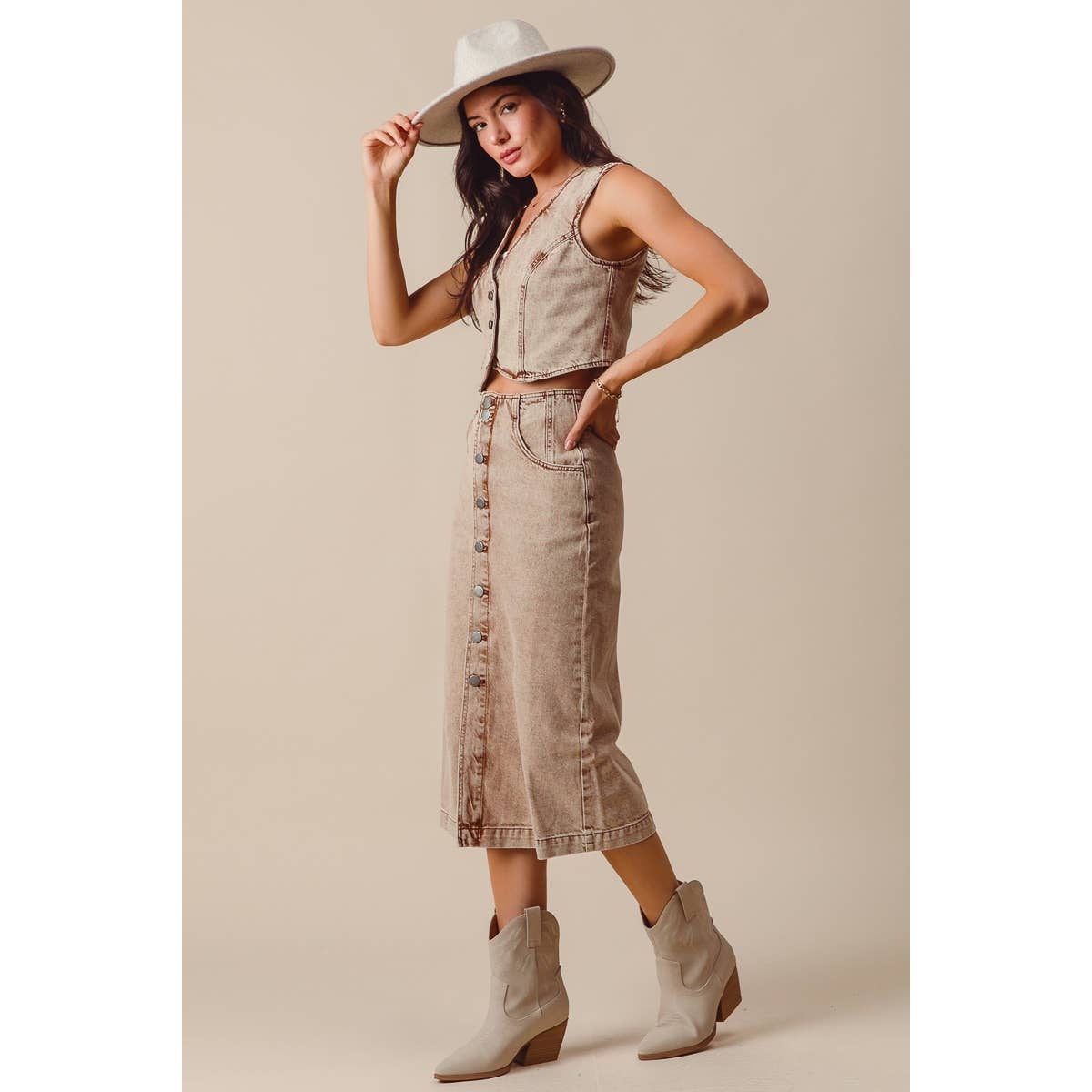 WASHED COLOR DENIM SEAMED VEST AND MIDI SKIRT SET