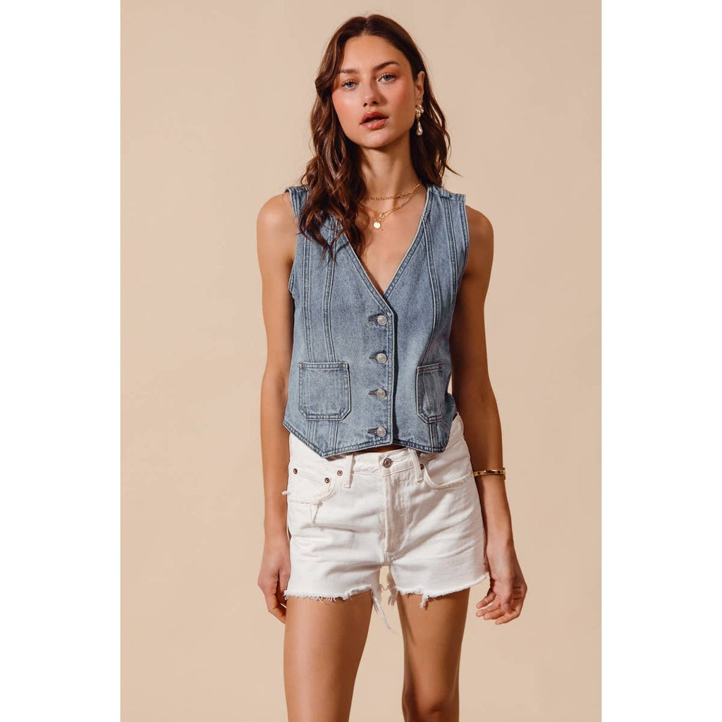VINTAGE WASHED DENIM BUTTONED FRONT VEST TOP