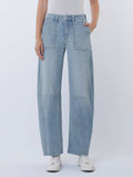 HIGH RISE STRIPED RAW HEM CROP BARREL JEANS