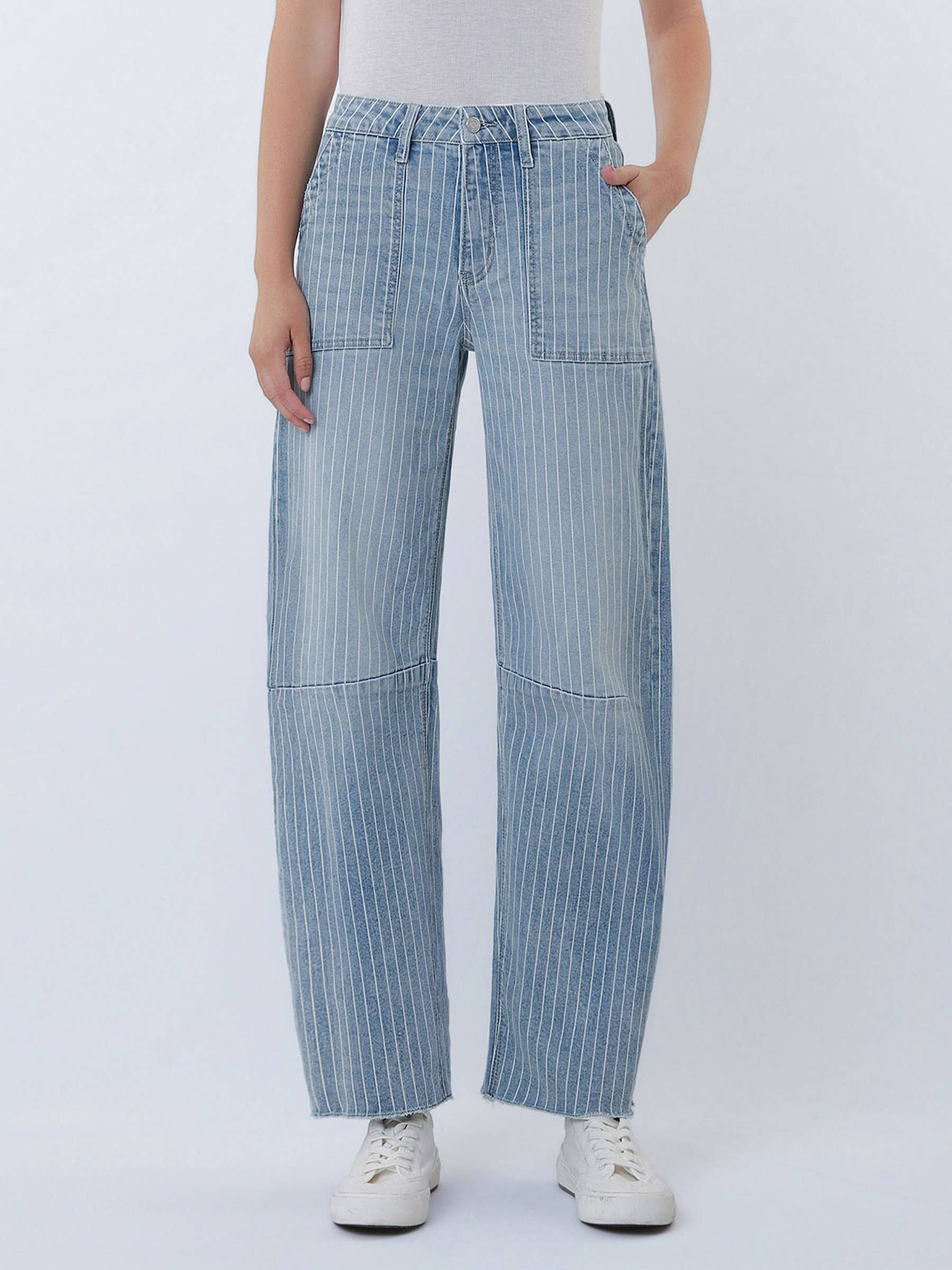 HIGH RISE STRIPED RAW HEM CROP BARREL JEANS