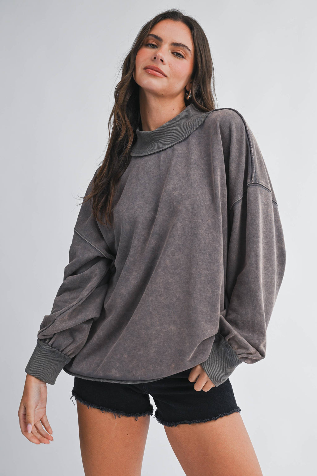 Oversized Mock Neck Washed Sweatshirt