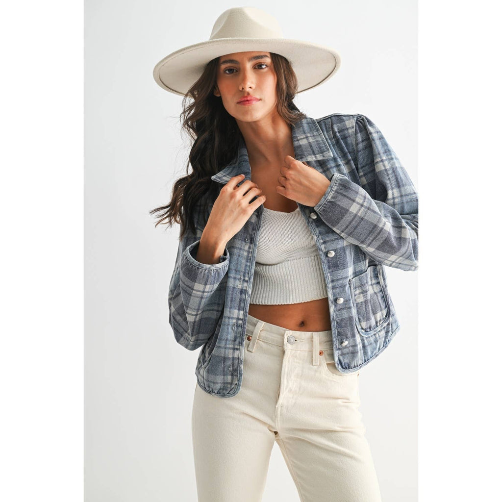 CET26255 Denim Plaid Button-Front Jacket