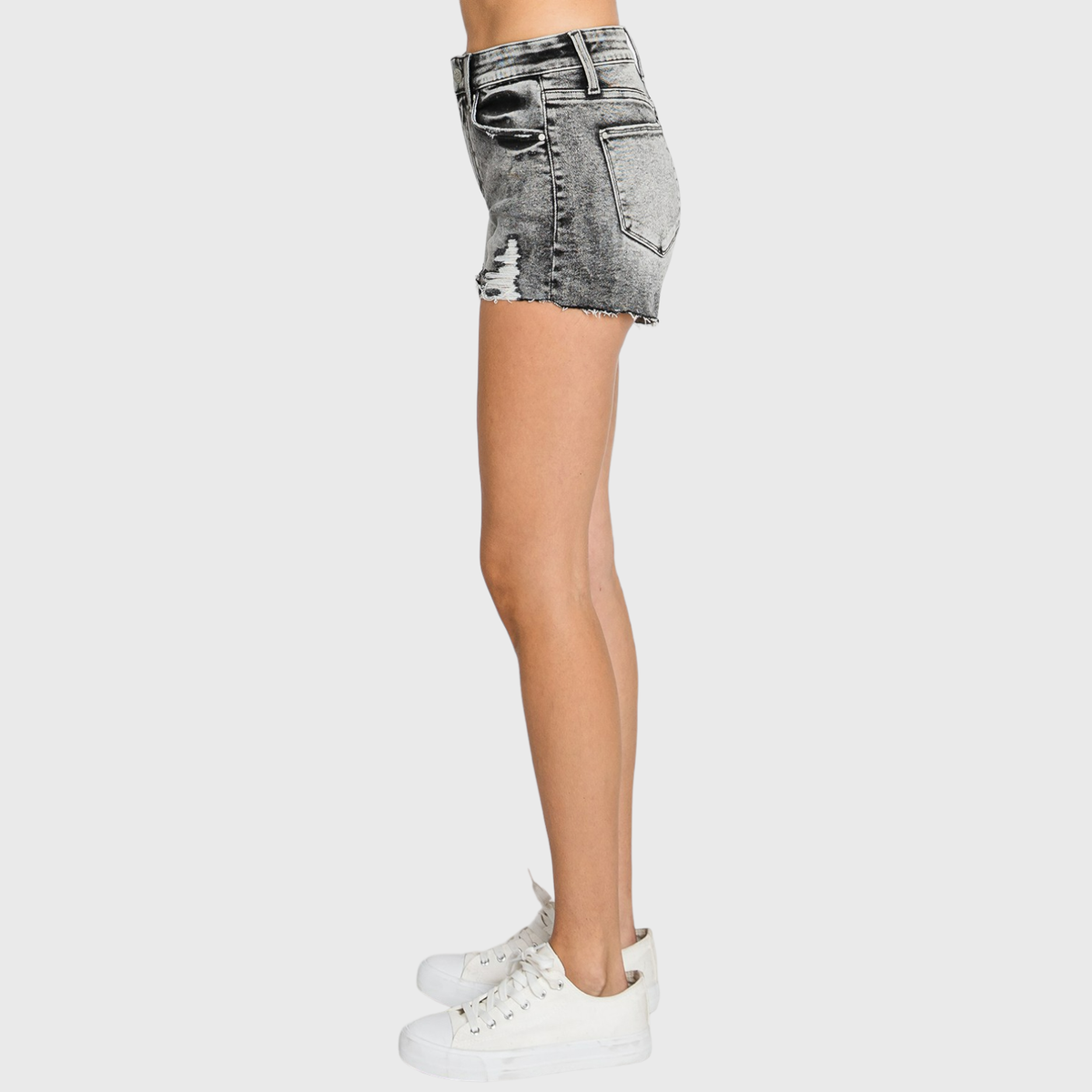 HIGH RISE GREY ACID WASH SHORTS W/ DESTROYED HEM