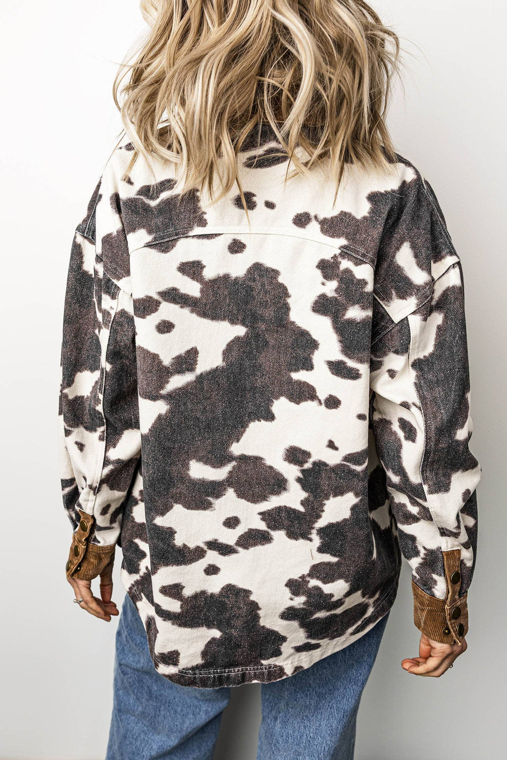 Western Cow Print Long Sleeve Button-Up Denim Jacket