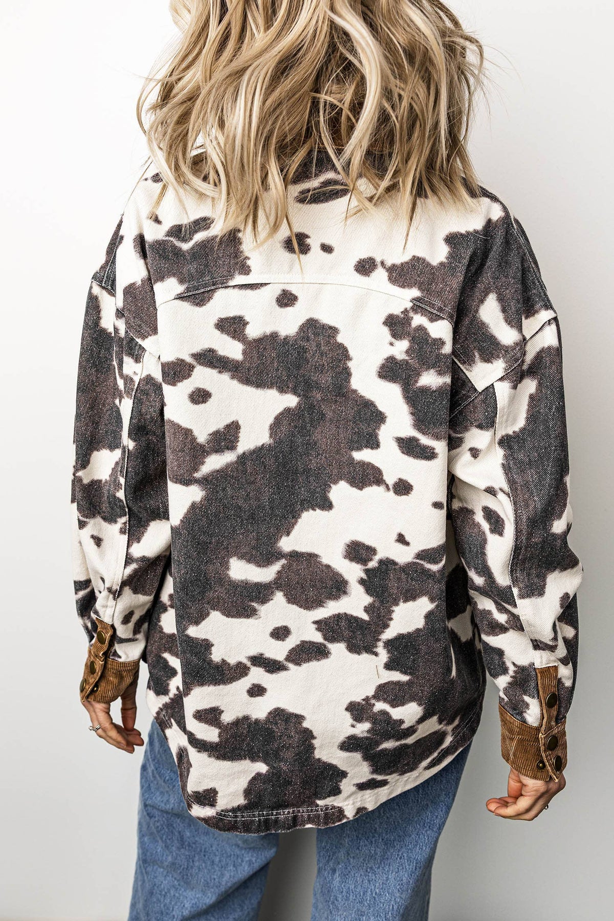 Western Cow Print Long Sleeve Button-Up Denim Jacket