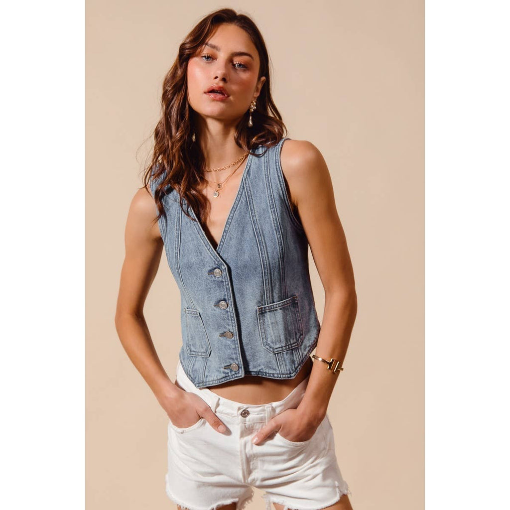VINTAGE WASHED DENIM BUTTONED FRONT VEST TOP