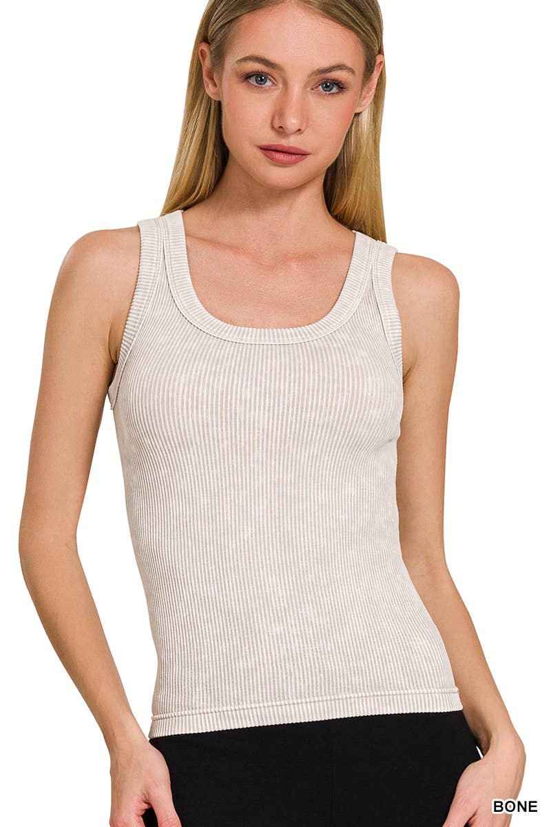 Black, Bone, & Dark Camel : 2 Way Neckline Washed Ribbed Seamless Tank Top