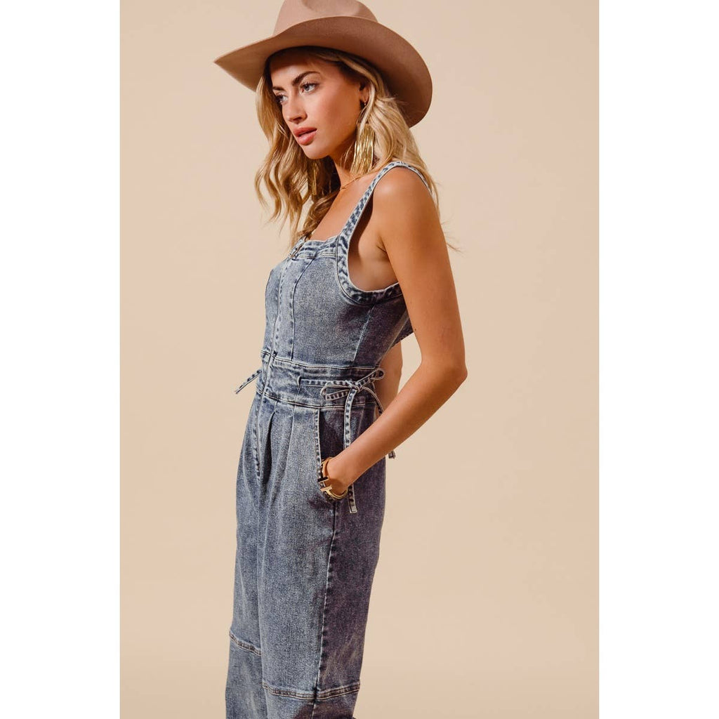 BACK CUTOUT ZIP UP DENIM JUMPSUIT OVERALLS