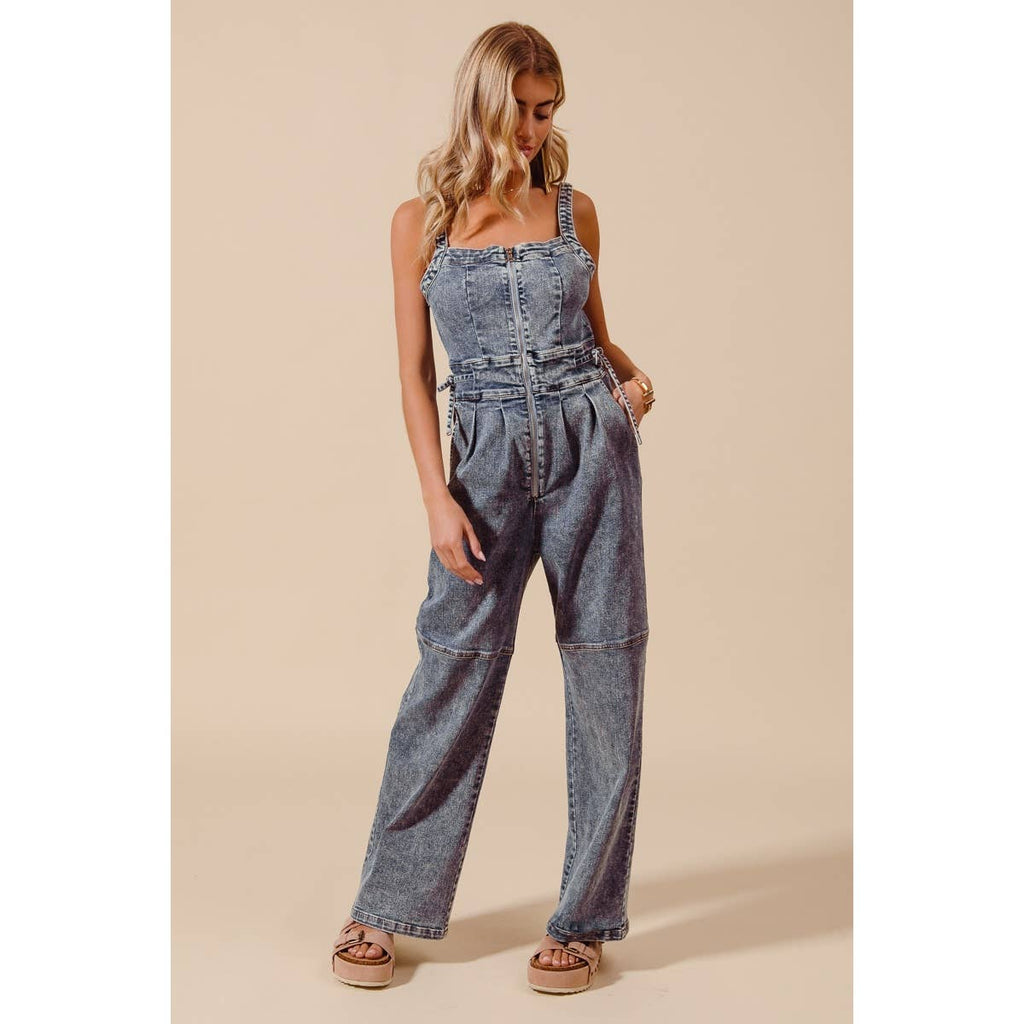 BACK CUTOUT ZIP UP DENIM JUMPSUIT OVERALLS