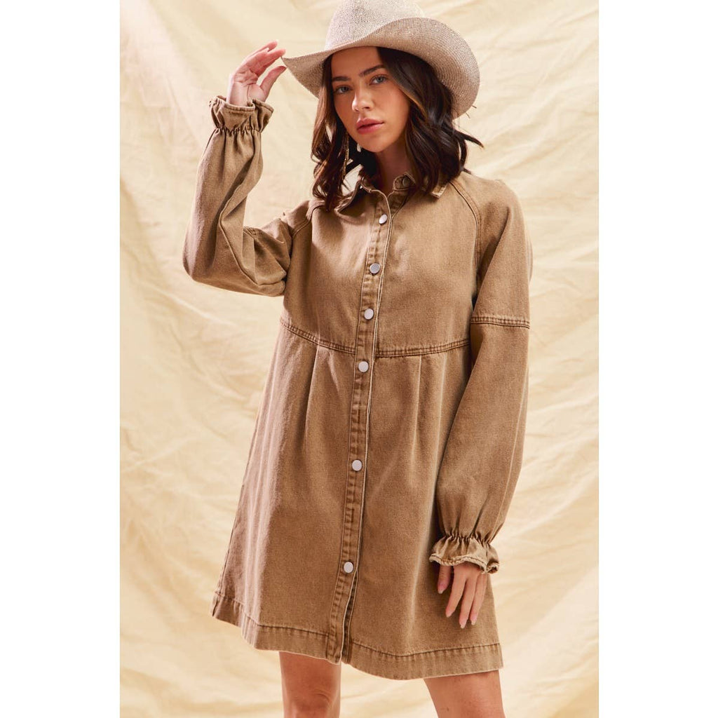 WASHED COLOR DENIM BUTTON DOWN SHIRT MINI DRESS