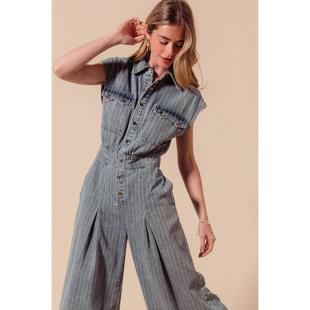 WASHED WIDE LEG PIN STRIPE DENIM OVERALLS JUMPSUIT