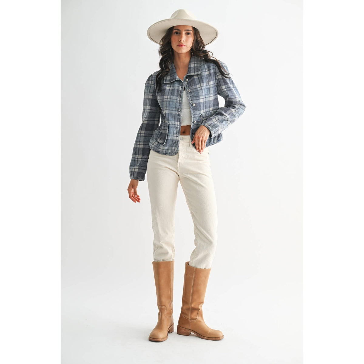 CET26255 Denim Plaid Button-Front Jacket