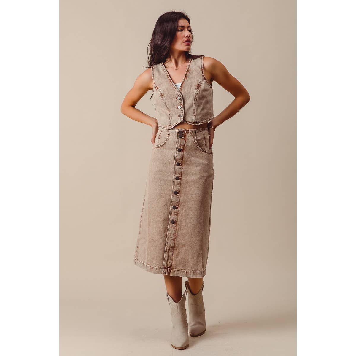 WASHED COLOR DENIM SEAMED VEST AND MIDI SKIRT SET