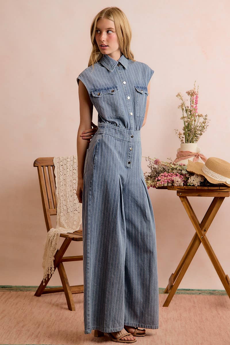 WASHED WIDE LEG PIN STRIPE DENIM OVERALLS JUMPSUIT