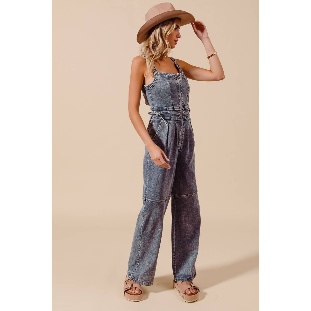 BACK CUTOUT ZIP UP DENIM JUMPSUIT OVERALLS