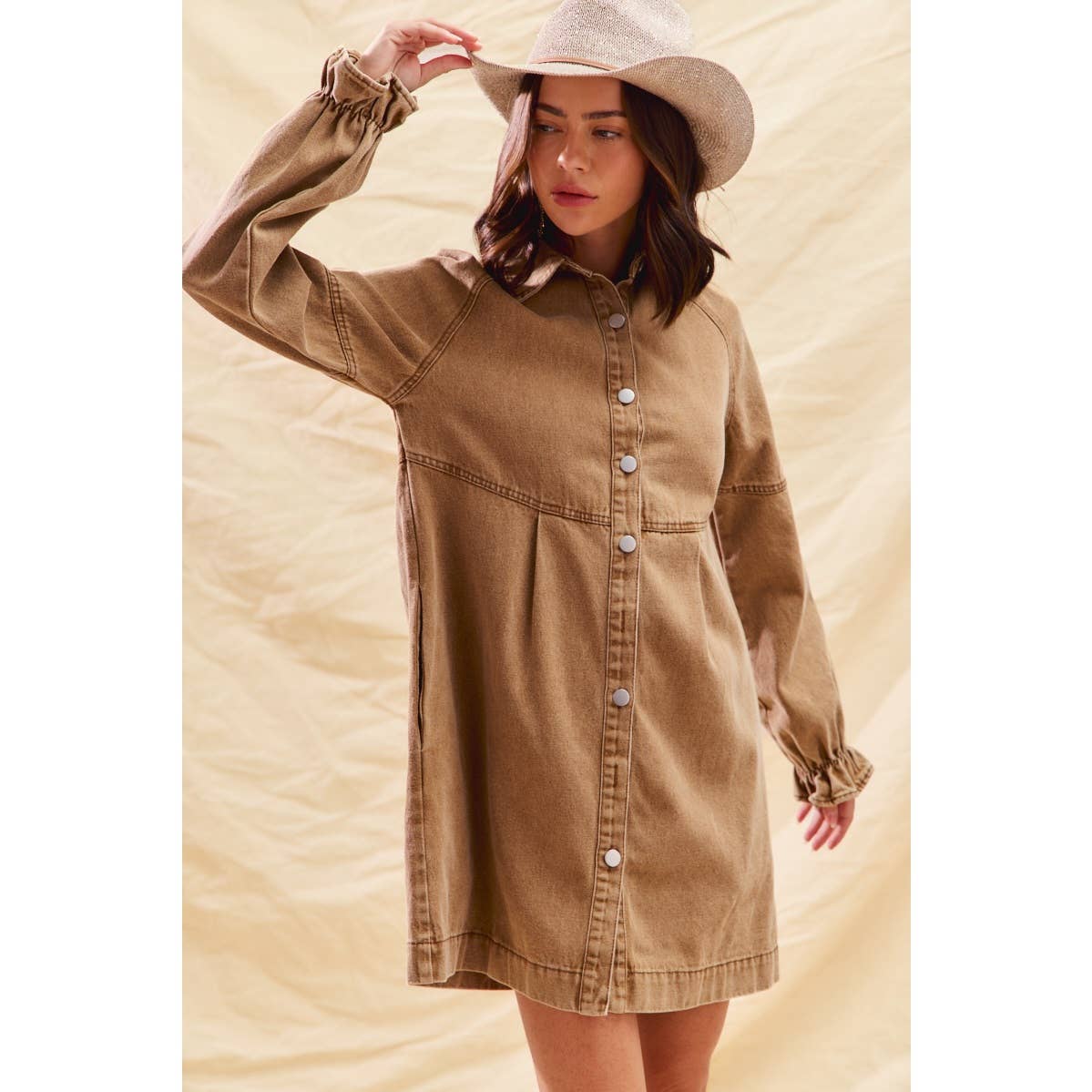 WASHED COLOR DENIM BUTTON DOWN SHIRT MINI DRESS