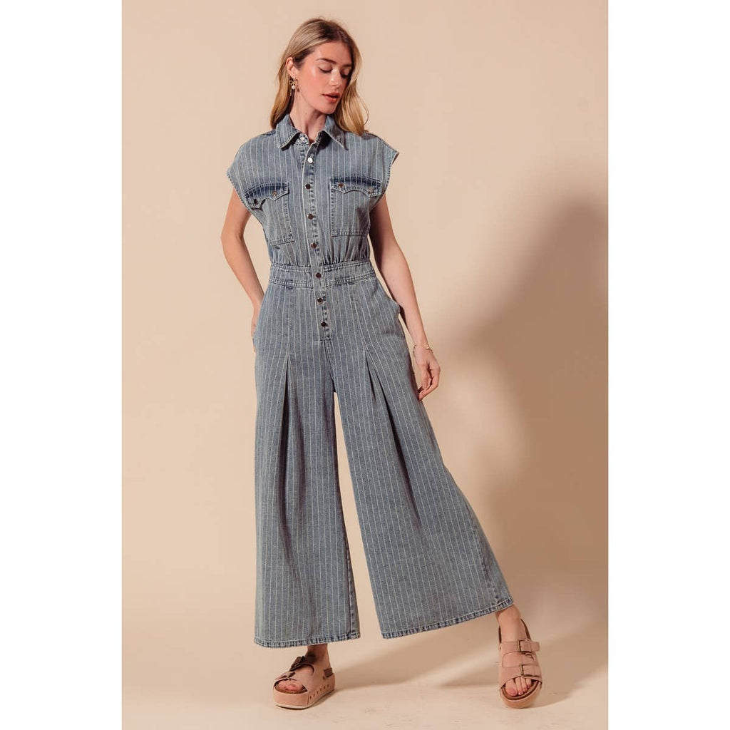 WASHED WIDE LEG PIN STRIPE DENIM OVERALLS JUMPSUIT