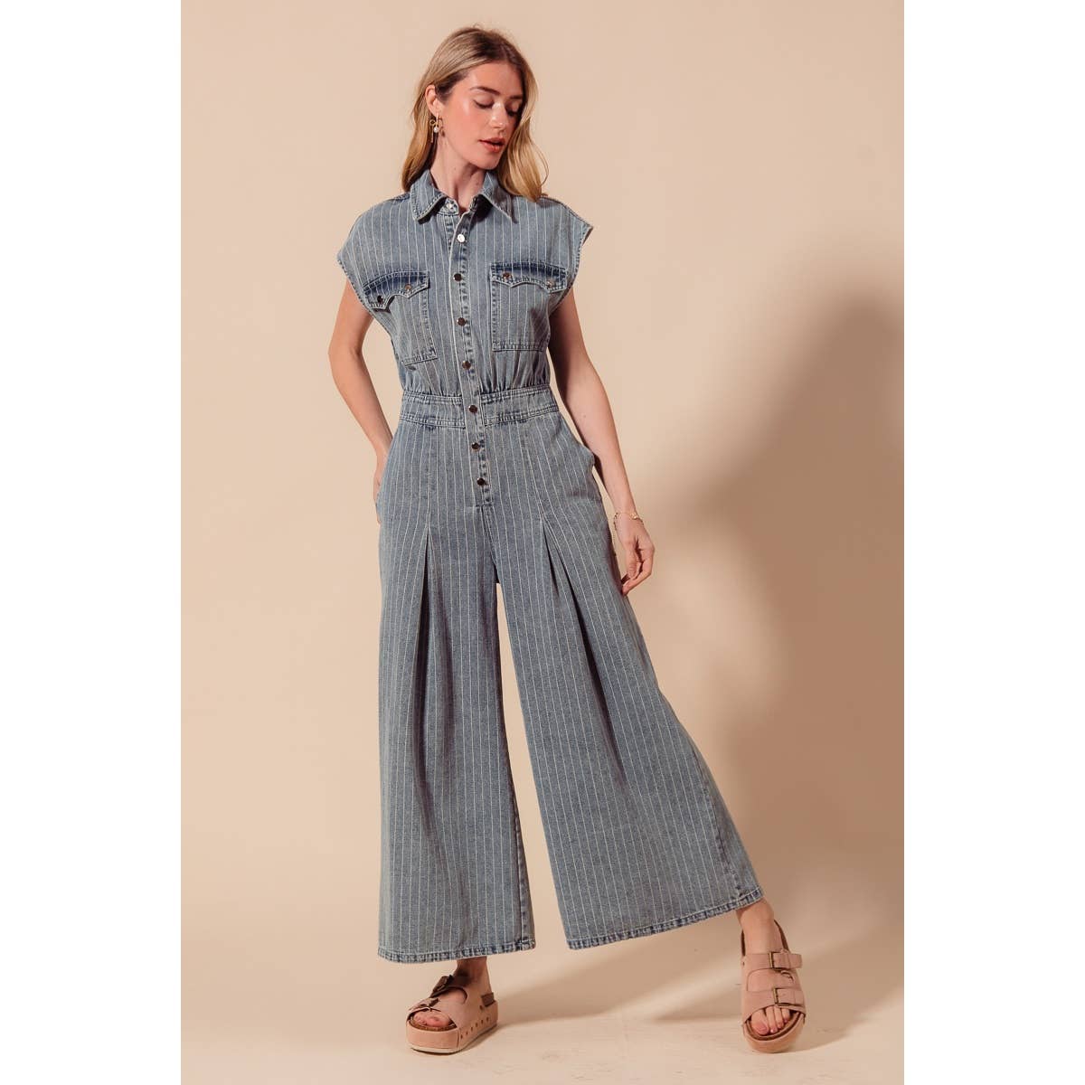 WASHED WIDE LEG PIN STRIPE DENIM OVERALLS JUMPSUIT