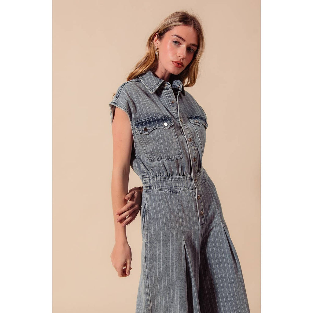 WASHED WIDE LEG PIN STRIPE DENIM OVERALLS JUMPSUIT