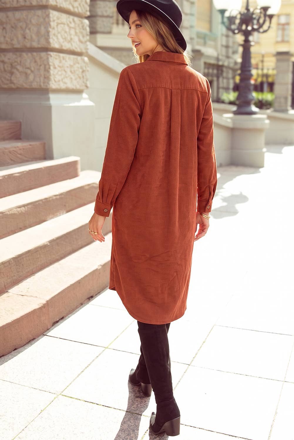 Long Sleeve Button Down Corduroy Midi Length One Piece Dress