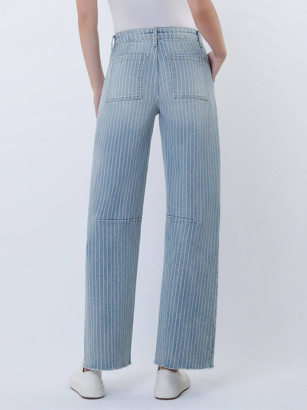 HIGH RISE STRIPED RAW HEM CROP BARREL JEANS