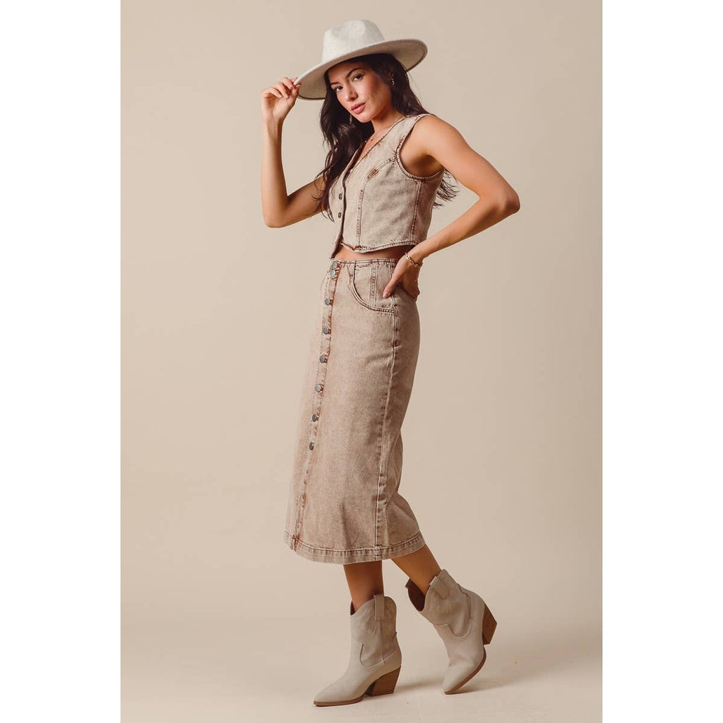 WASHED COLOR DENIM SEAMED VEST AND MIDI SKIRT SET