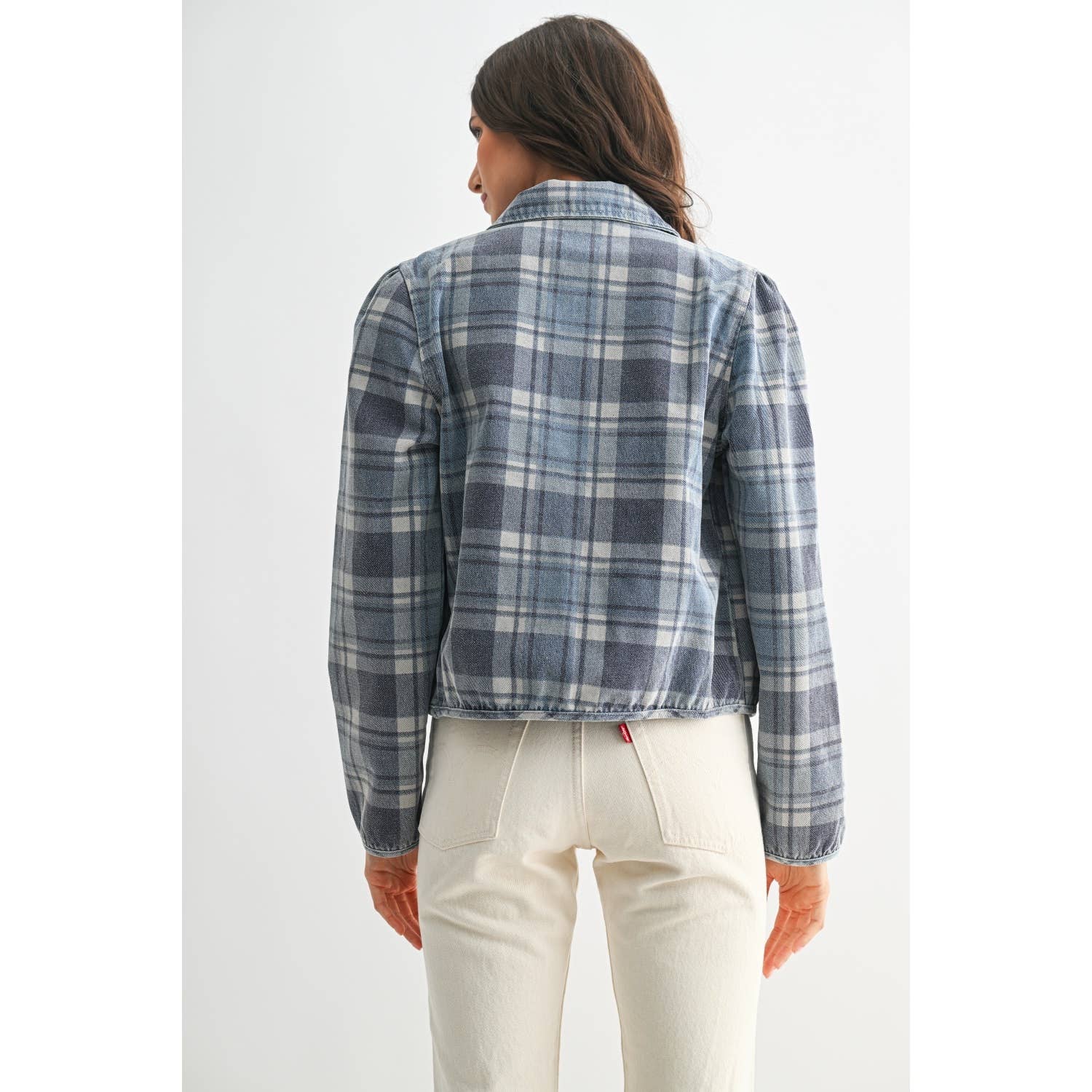 CET26255 Denim Plaid Button-Front Jacket