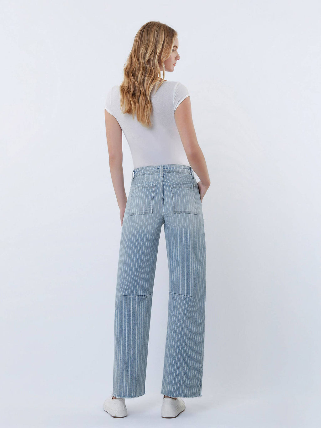 HIGH RISE STRIPED RAW HEM CROP BARREL JEANS