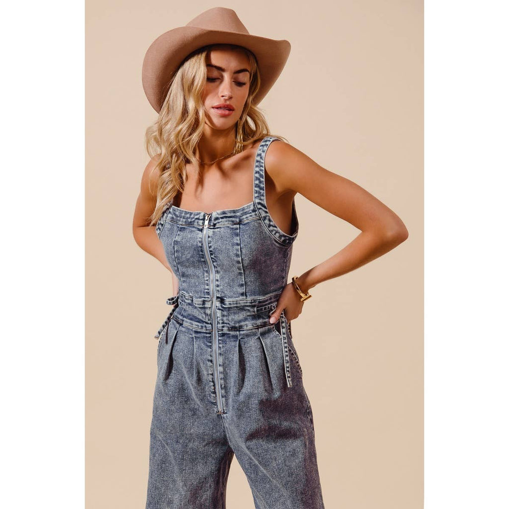 BACK CUTOUT ZIP UP DENIM JUMPSUIT OVERALLS