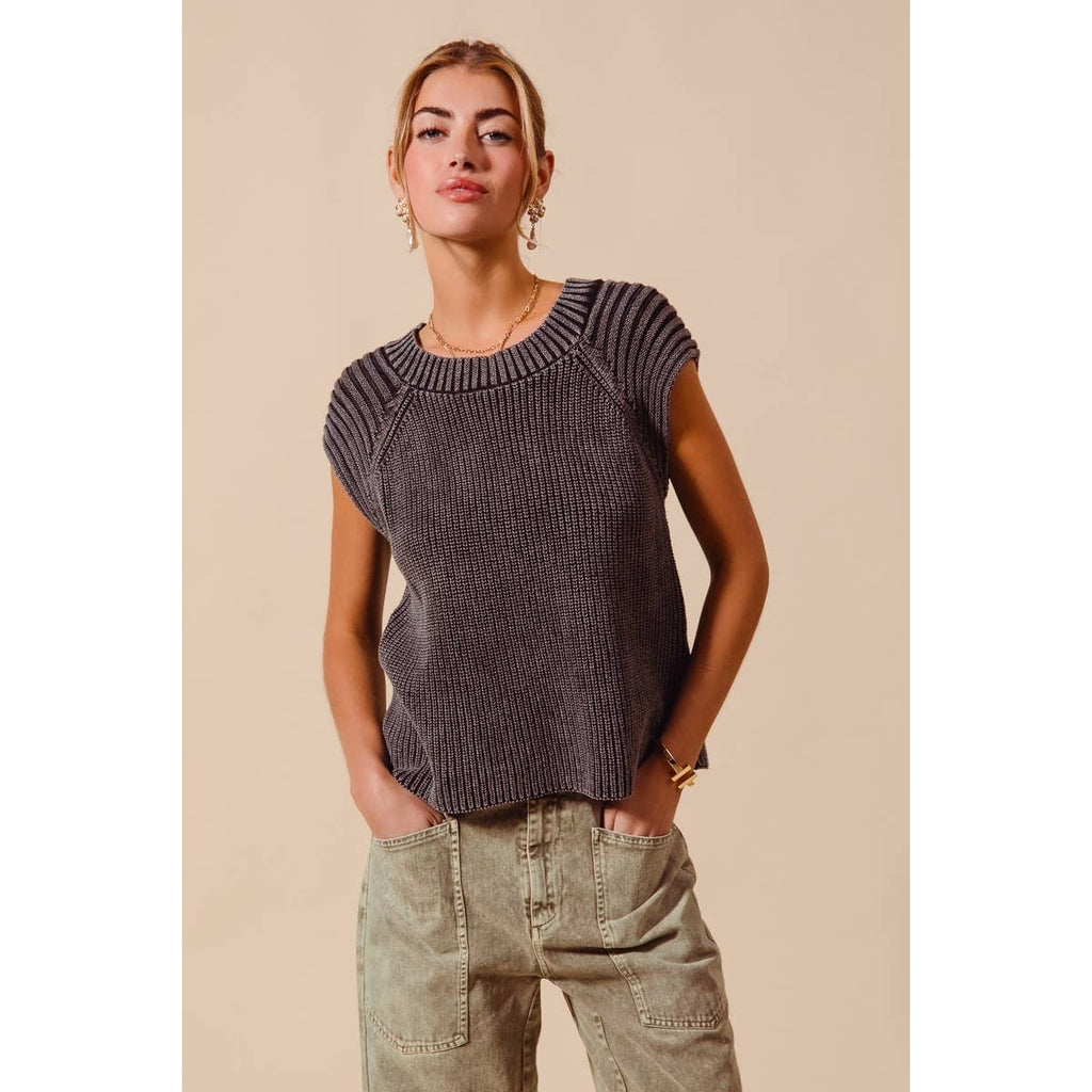 MINERAL WASHED RAGLAN SLEEVELESS SWEATER TOP