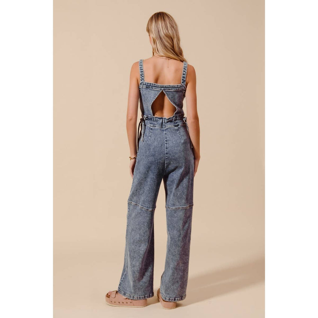BACK CUTOUT ZIP UP DENIM JUMPSUIT OVERALLS