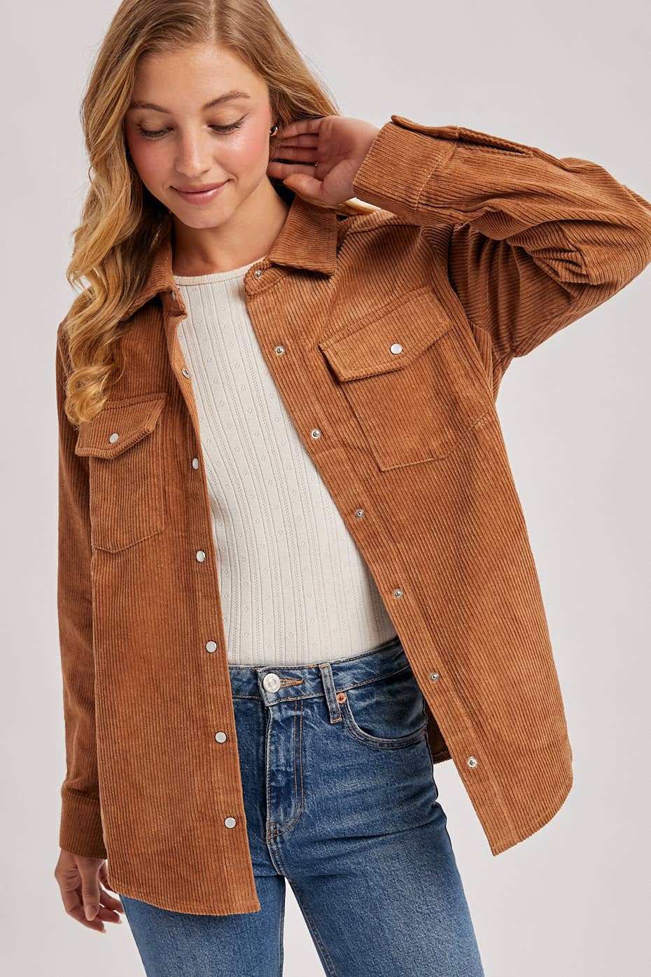 CORDUROY BUTTON DOWN SHACKET WITH POCKETS